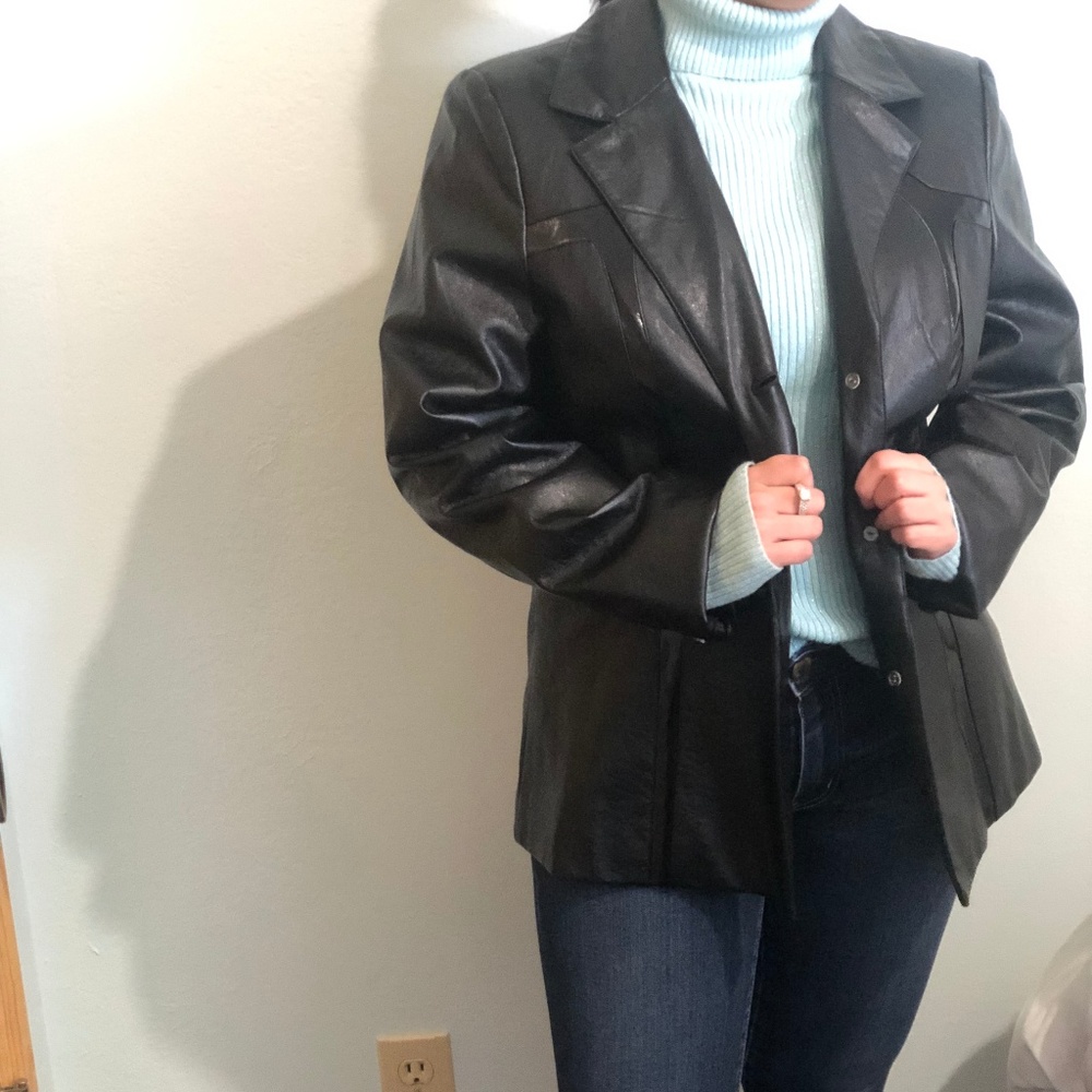 Susan Graver Faux Leather Blazer w Patent Trim